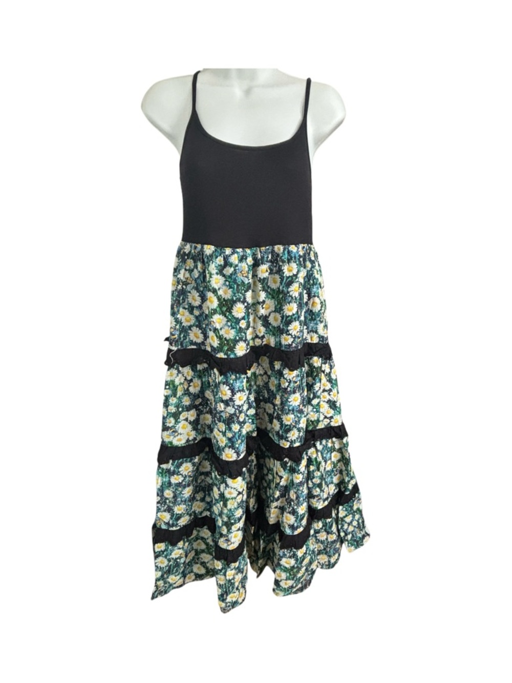 Anthropologie Tiered Floral Daisy Maxi Tank Top Dress Black Green Yellow Size S